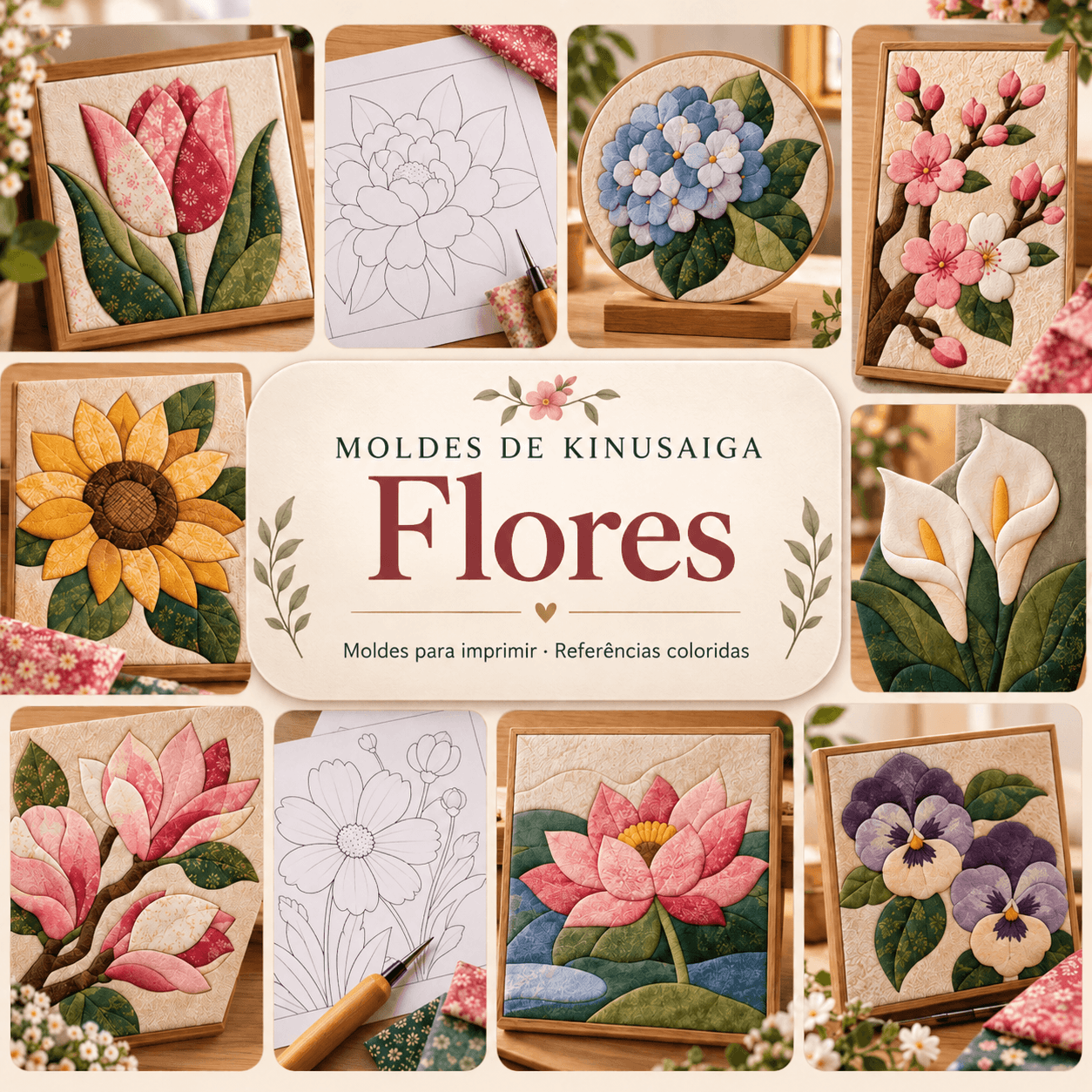 Apresentação da coleção de Flores, com exemplos coloridos e moldes