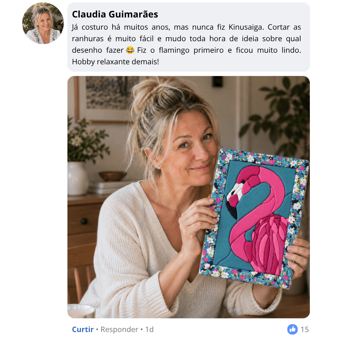 Publicação de Claudia Guimarães sobre sua experiência com Kinusaiga, com foto do trabalho