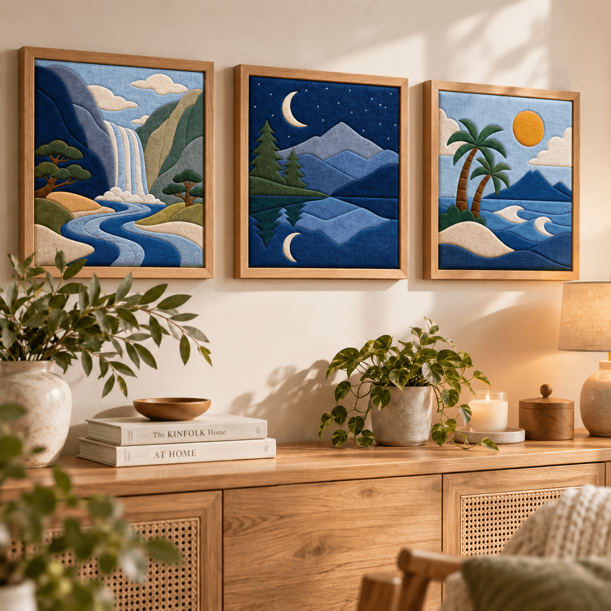 Três quadros de paisagens em tecido decorando uma sala