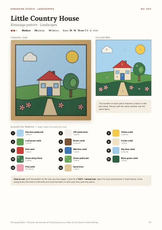 Ficha de Casinha de campo com mapa de cores e lista de tecidos