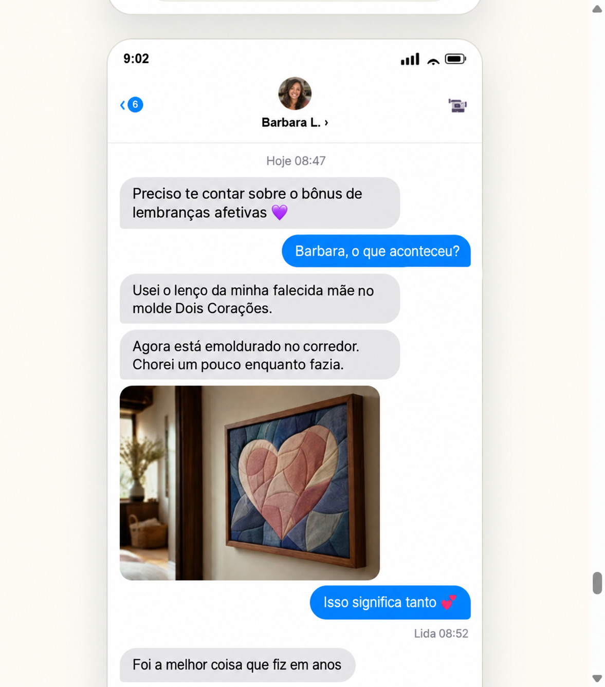 Conversa em português sobre fazer um quadro de coração com o lenço da mãe falecida